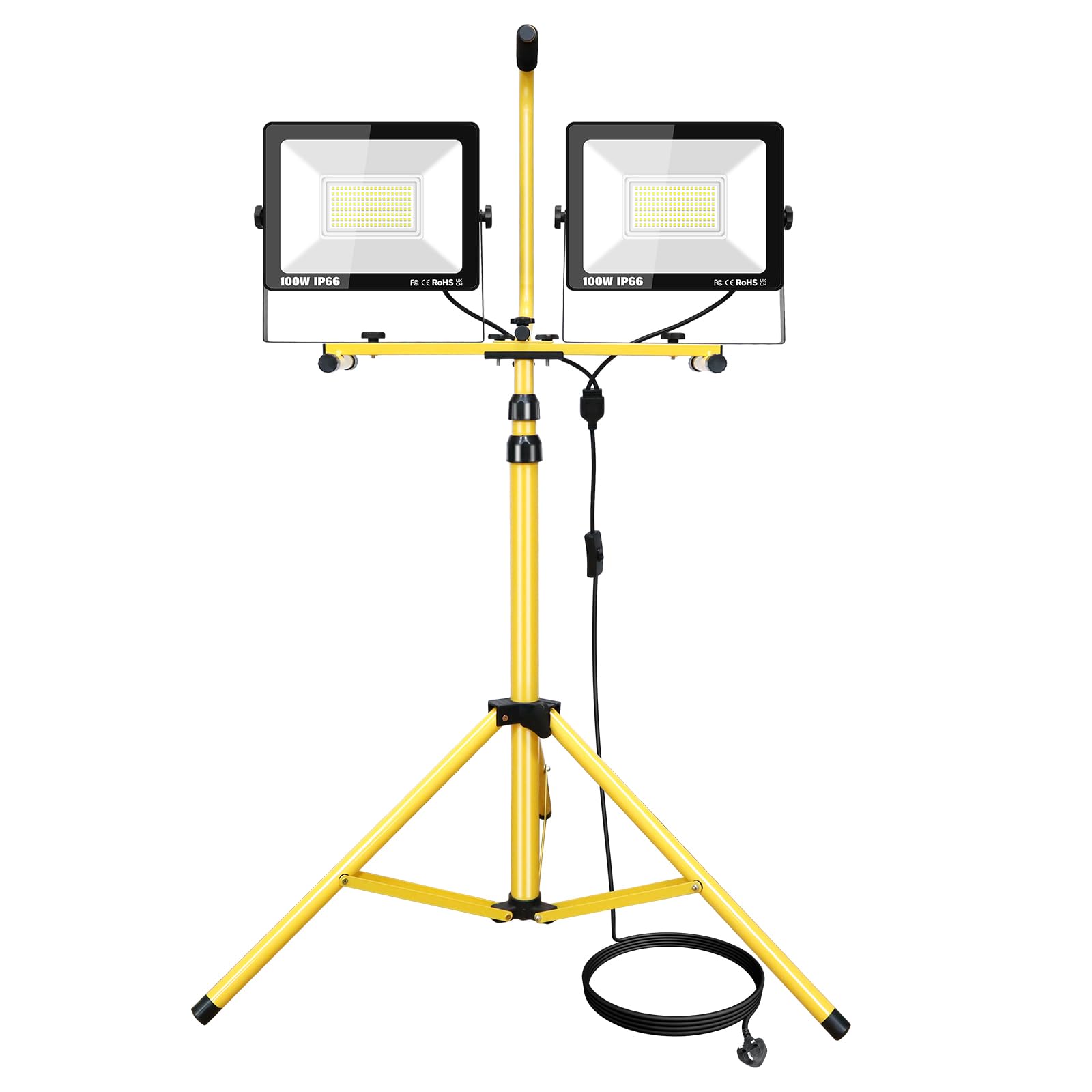 PICAA 200W(2 * 100W) Foco LED con Trípode Telescópico, 6000K Luz de Trabajo Portátil con Enchufe, Interior y Exterior Proyector Led para Taller, Obra de Construcción, Garaje, Jardín