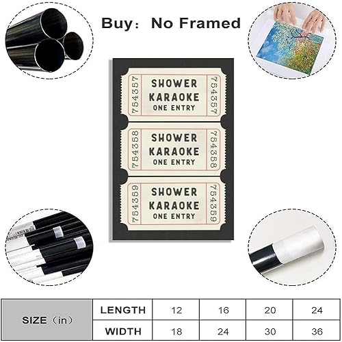 Miniatura 2 de Póster de lienzo con estampado de boletos de karaoke para ducha, divertido póster para decoración de baño, arte retro de pared de inodoro negro,