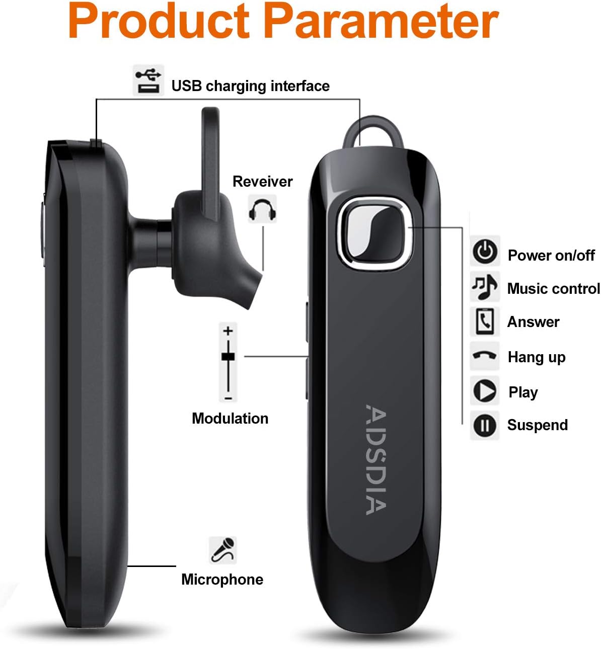 ADSDIA Bluetooth Earpiece V4.2 Built in Mic Wireless Headphones Handsfree Headset Noise Cancelling IPX5 Waterproof & Hands Free Calling Compatible with iOS Android Phone, Deep Bass (Light Black)