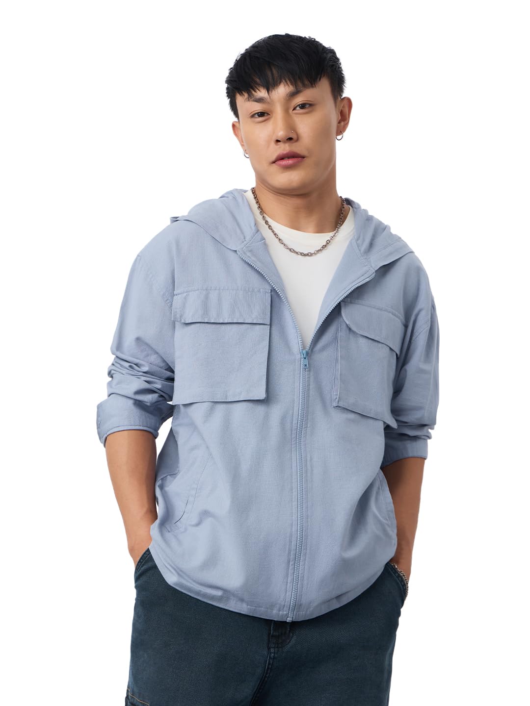 the souled store Cloudy Men and Boys Long Sleeves Hooded Neck Light Blue Solid Lightweight Utility Pockets Zipper Cotton Linen Oversized Hoodie-picture-24