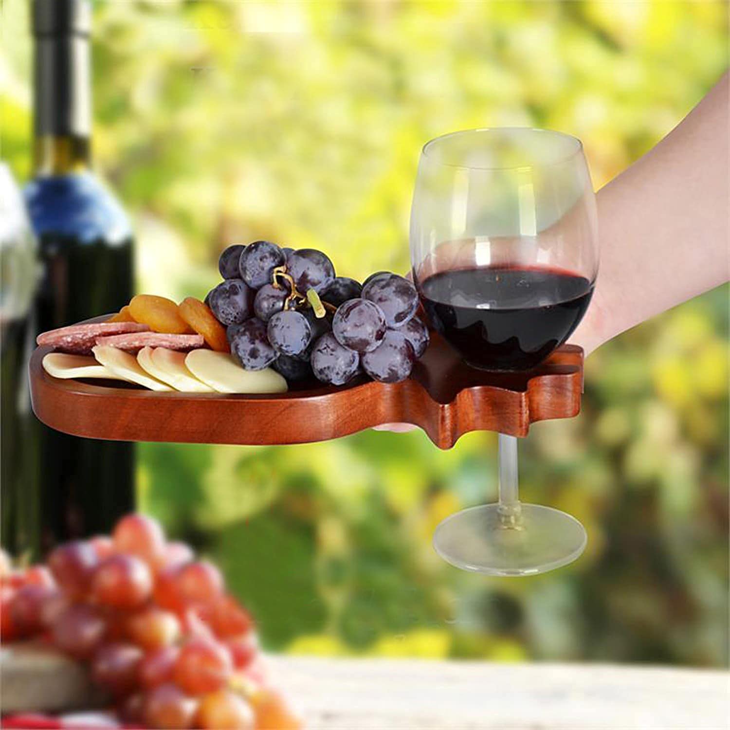 Primeware Set di piatti per antipasti di vino, in legno di mogano, con supporto per carne, formaggio, frutta, bicchieri da vino