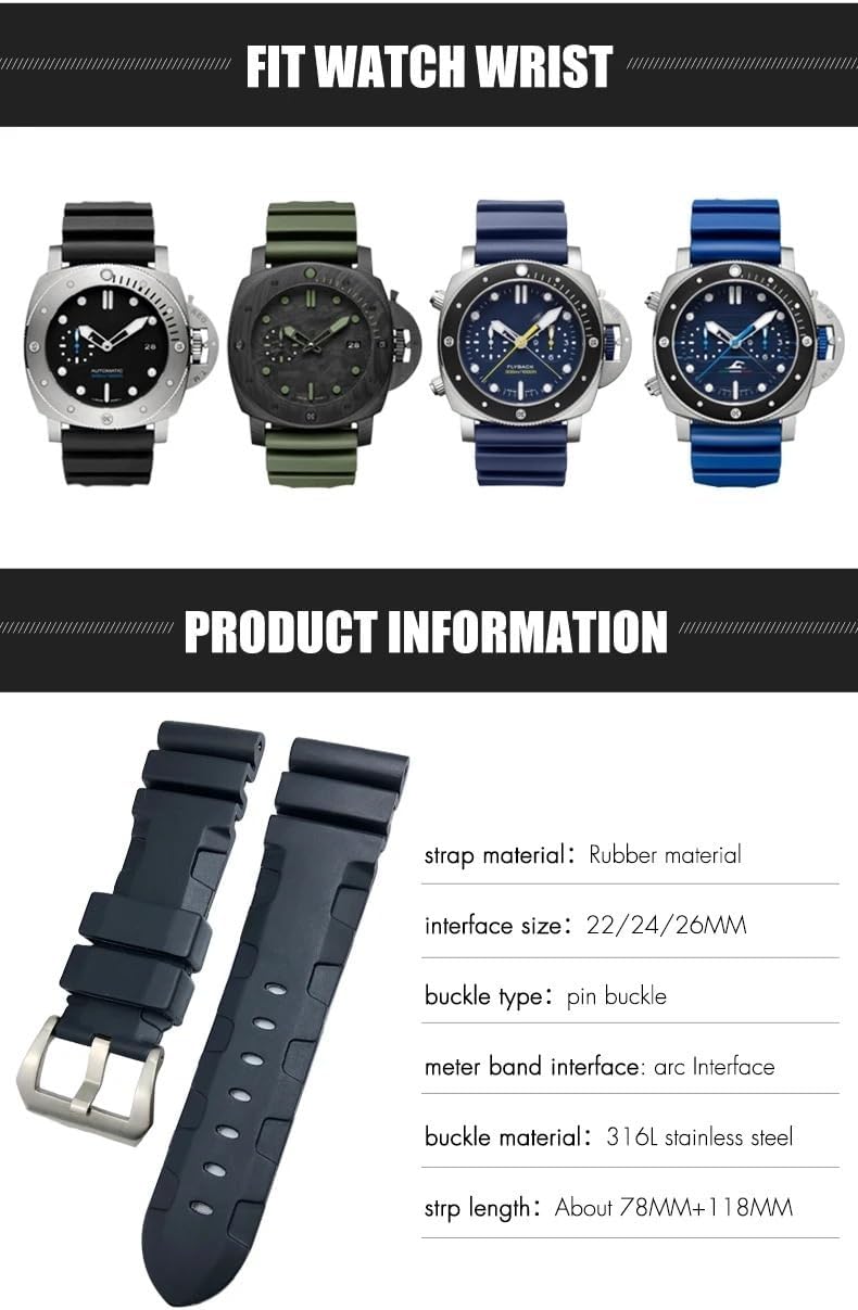 TOPBD 24mm 26mm Nature Rubber Watchband Fit for Panerai PAM Silicone Red Blue Watch Strap Waterproof Bracelets Tools