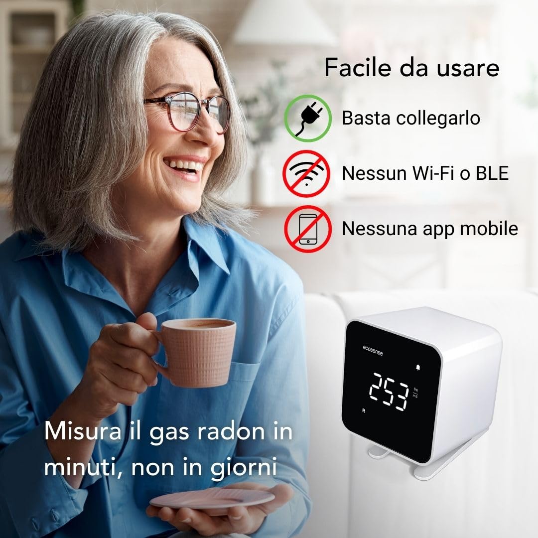 Ecosense EB100 EcoBlu, Rilevatore Radon domestico, Cattura & Visualizzazione Risultati Ogni 10 Minuti, Monitoraggio Continuo a Breve E Lungo Termine, Facile Da Usare