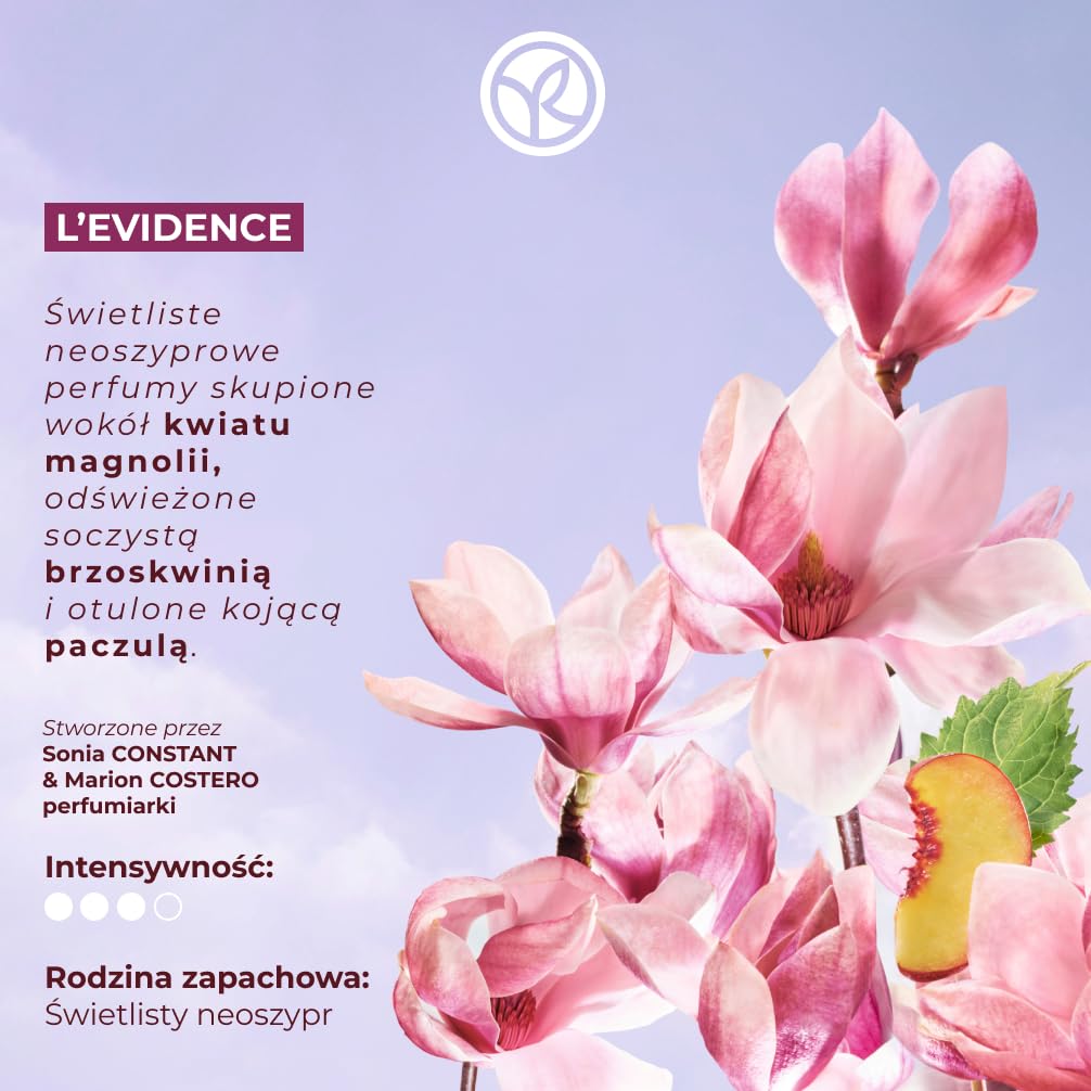 Yves Rocher Woda perfumowana L'Evidence 100 ml, świecące perfumy damskie z magnolią, brzoskwinią i paczulą, ekologiczna elegancja w minimalistycznej butelce | Długotrwała woda perfumowana dla kobiet, upcyclee fishing magnolia i pachouli pozostawia stylowy