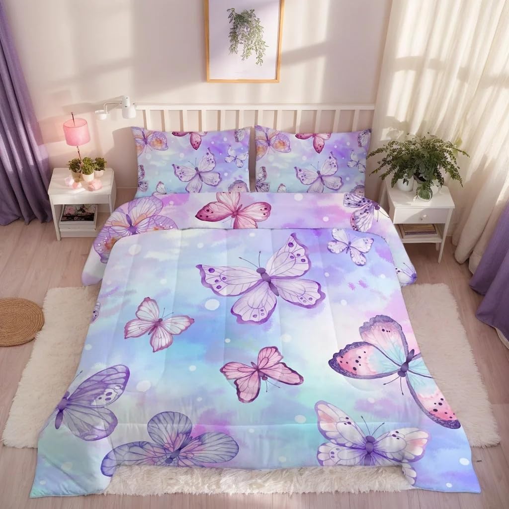 Butterfly Comforter Set Twin Size for Girls Kids Teens Blue Purple Tie Dye Bedding Set 5 Pieces Bed in a Bag