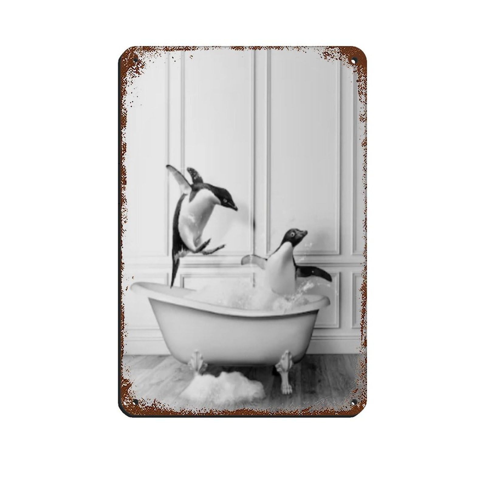 Adorable Penguins in Tub Art Retro Poster Metal Tin Sign Chic Art Retro Iron Painting Bar People Cave Cafe Family Garage Poster Wall Decoration 8x12inch(20x30cm)