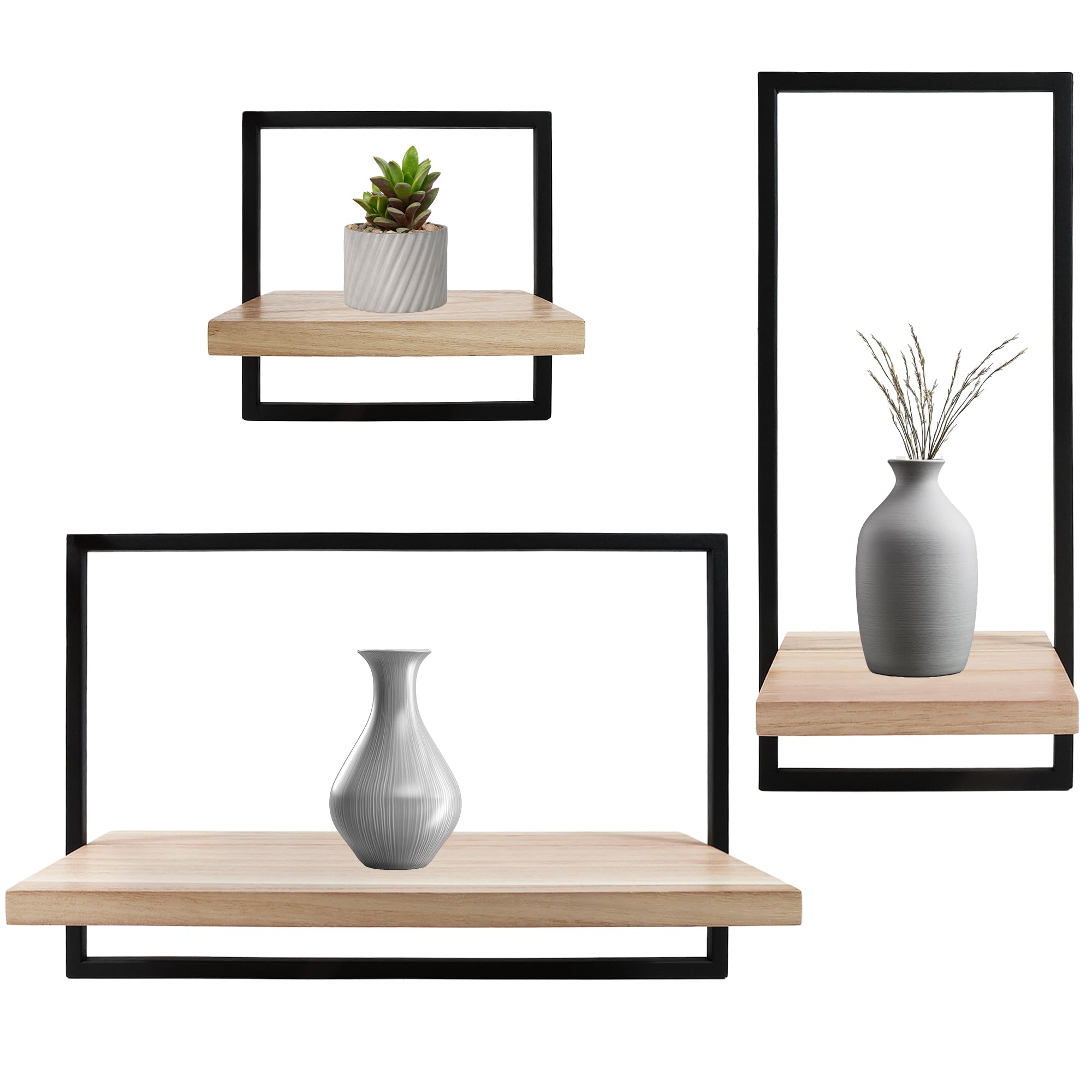 KW KASTWOOD, Estanteria Madera -Baldas Pared Sin Agujeros - Juego de 3 baldas flotantes Pared para Cocina, Salon, Baño, Dormitorio con Montaje Oculto 19 x 19, 17 x 38,5 y 39 x 26cm
