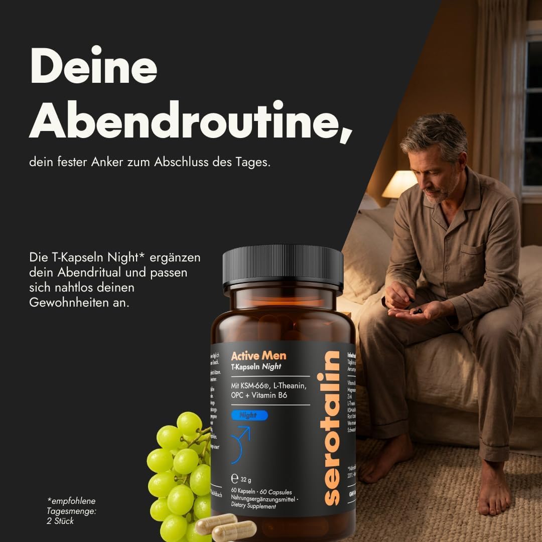 serotalin Men Day & Night Vorteilspaket - Active Men T-Kapseln mit Maca & Night mit Ashwagandha hochdosiert - Made in Germany - 2 x 60 Kapseln