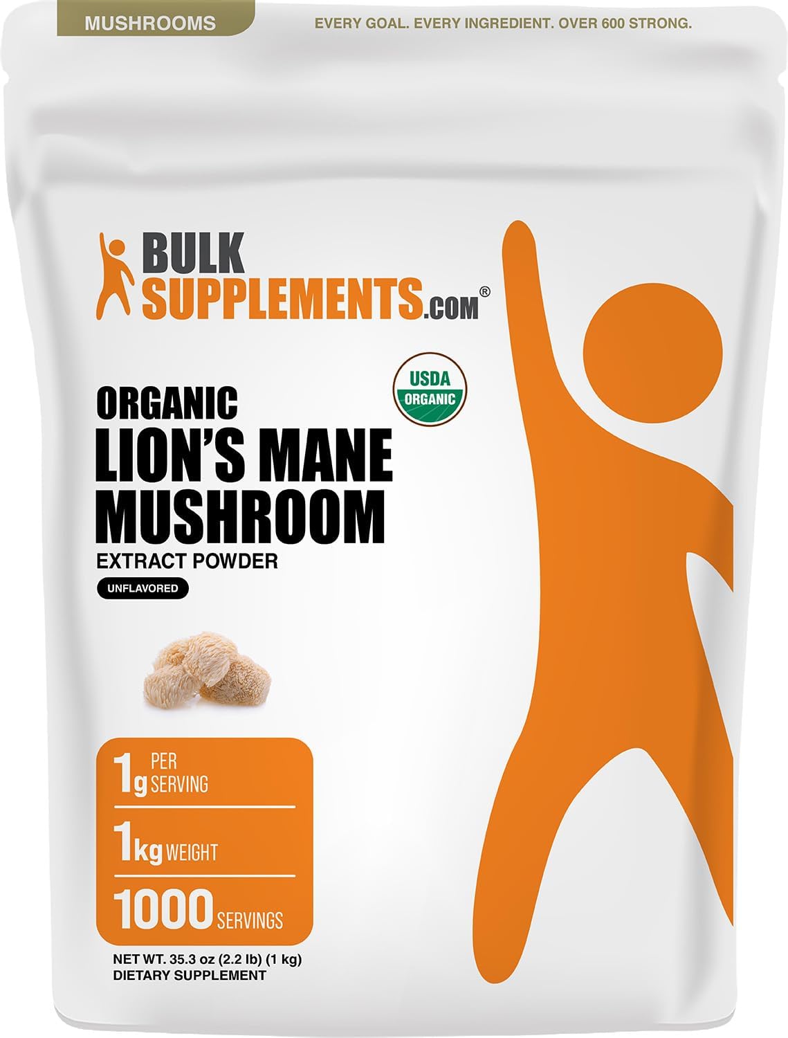 BulkSupplements.com Organic Lion's Mane Mushroom Extract Powder - Lions Mane Supplement Powder, Superfood for Well-Being - Vegan, 1g per Serving, 1kg (2.2 lbs) (Pack of 1)