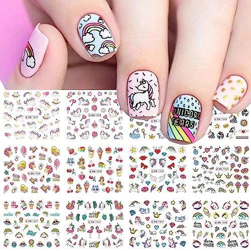 Unicorn Nail Art Stickers Water Transfer Nail Decals Heart Unicorn Rainbow Donut Nail Design Nail Decorations Supplies Cute Cartoon Pink Watermark Nail Stickers for Women Girls Nail Art, 12 Sheets