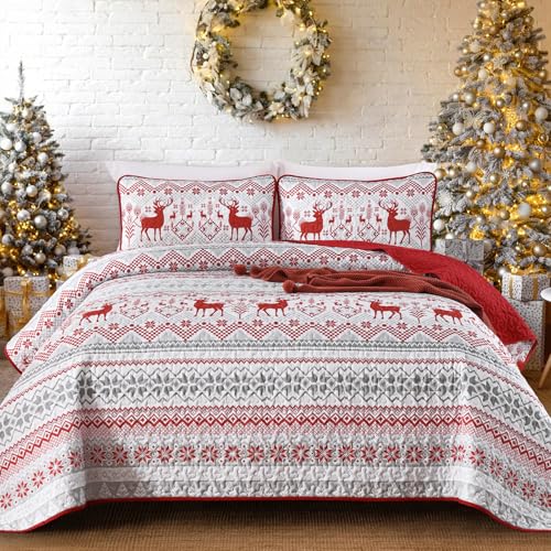 Menghomeus Christmas Quilt Set Queen Reversible Bedspread Coverlet Red Stripe Quilt Set Xmas Elk Holiday Bedding Set, 3 Pieces 1 Quilt 2 Pillow Shams