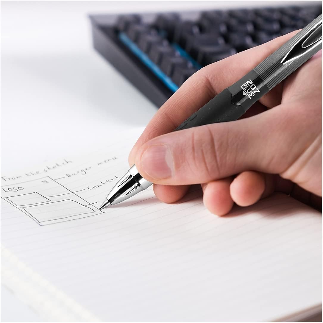uni-ball 207 Plus+ Retractable Gel Pen 12 Pack in Black with 0.7mm Medium Point Pen Tips, Uni-Super Ink is Smooth, Vibrant, and Protects Against, Water, Fading, and Fraud