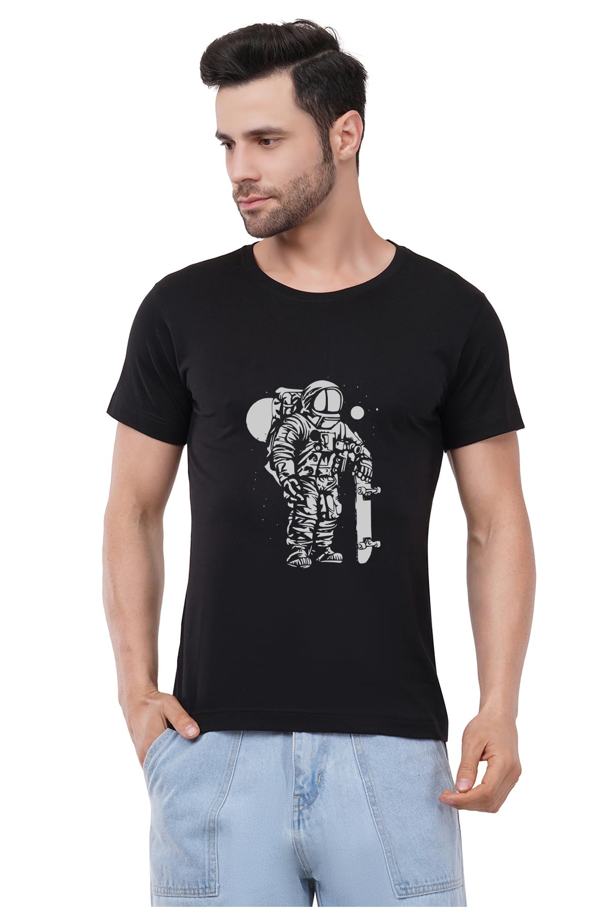 Caseria Men's Cotton Printed T-Shirt -Astronaut Skateboard | 100% Cotton | Half Sleeves | Regular Fit | Printed | Round Neck | Graphic T Shirt