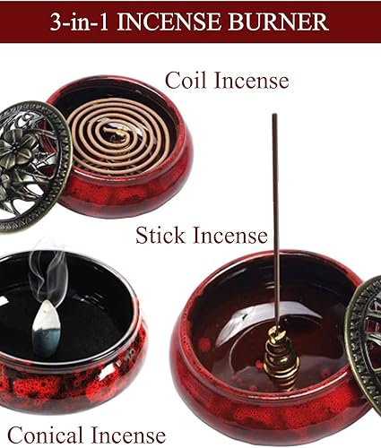 Miniatura 6 de Quemador de incienso 3 en 1 soporte de incienso para decoración del hogar, yoga, spa, meditación (rojo), 4 x 2.9 pulgadas