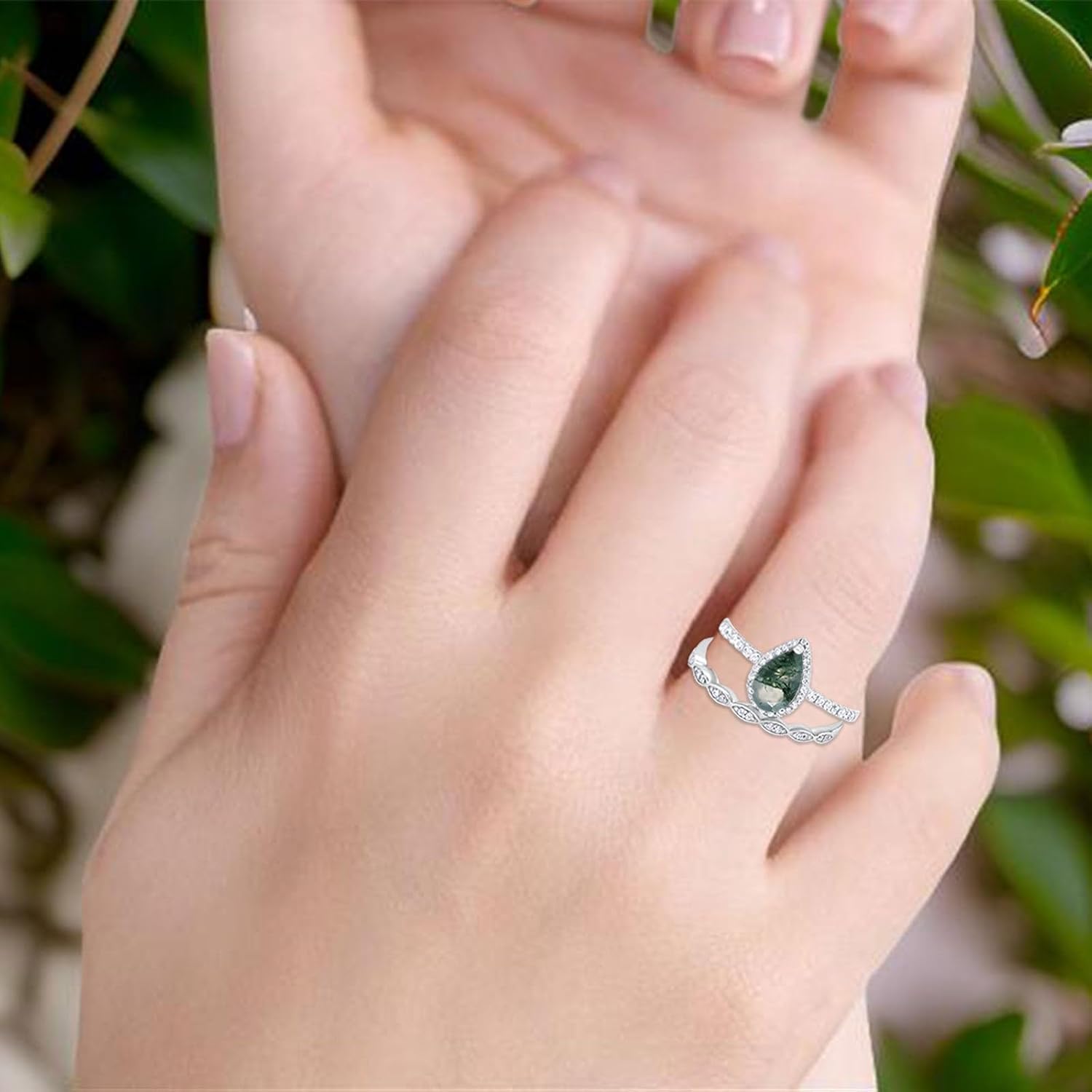 OMRANII Art Deco Two Piece Pear Teardrop Natural Green Moss Agate Vintage Style Halo CZ Wedding Set Engagement Bridal Ring 925 Sterling Silver