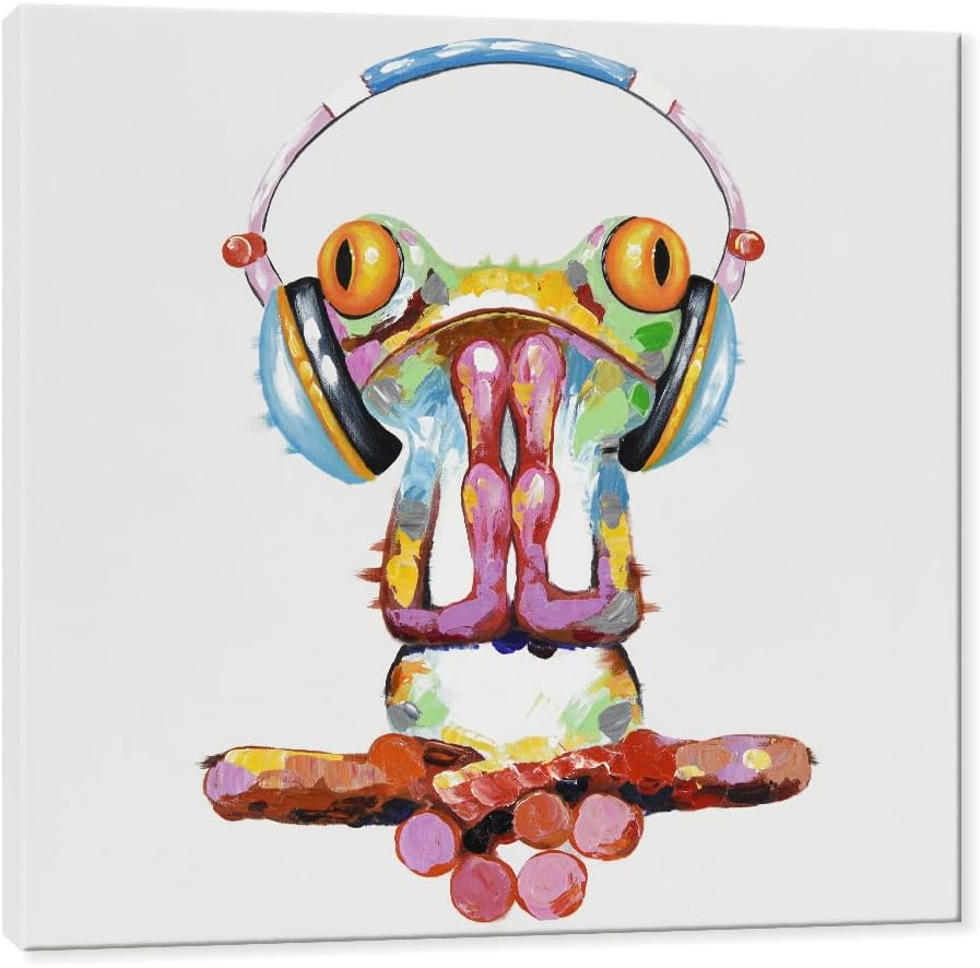 JAPO ART Frog Doing Yoga and Listening to Music Funny Animal Canvas Wall Art 100% Hand Painted Meditate Frog Painting for Kidroom Bedroom Living Room Ready to Hang 24x24Inch - view 2