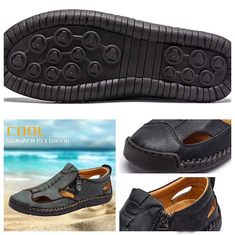 Mens Closed Toe Leather Sandals For Men Leather Fisherman Sandals Slip-On, Side Zipper for Summer Driving, Walking, Hiking, Outdoor Use2