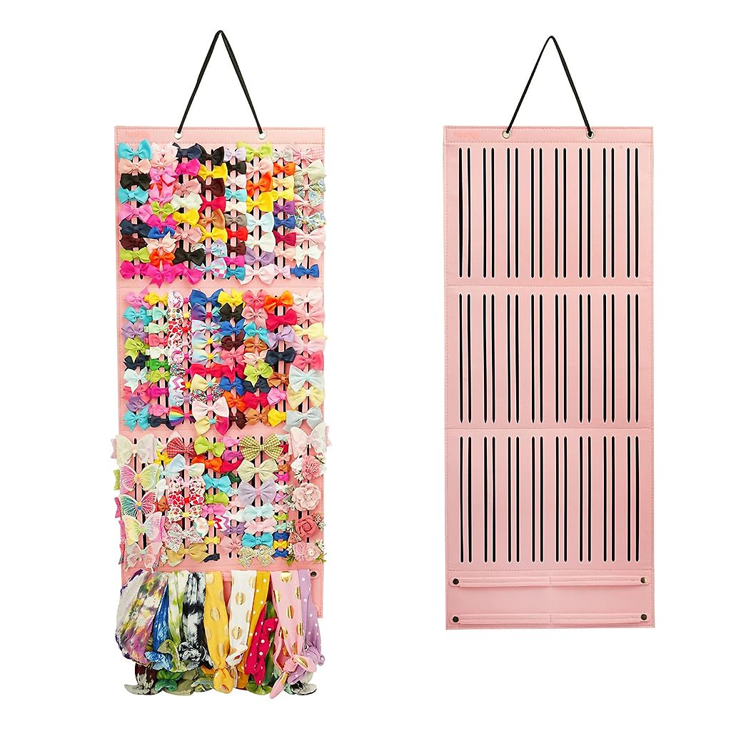 HASTHIP Felt ® Hair Accessories Organizer for Girls Bow Hair Clip Storage Hairband 3-Layer Large Capacity Wall Hanging Hair Bows Holder Displaying Rack for Baby Girl Kids Women,Pink