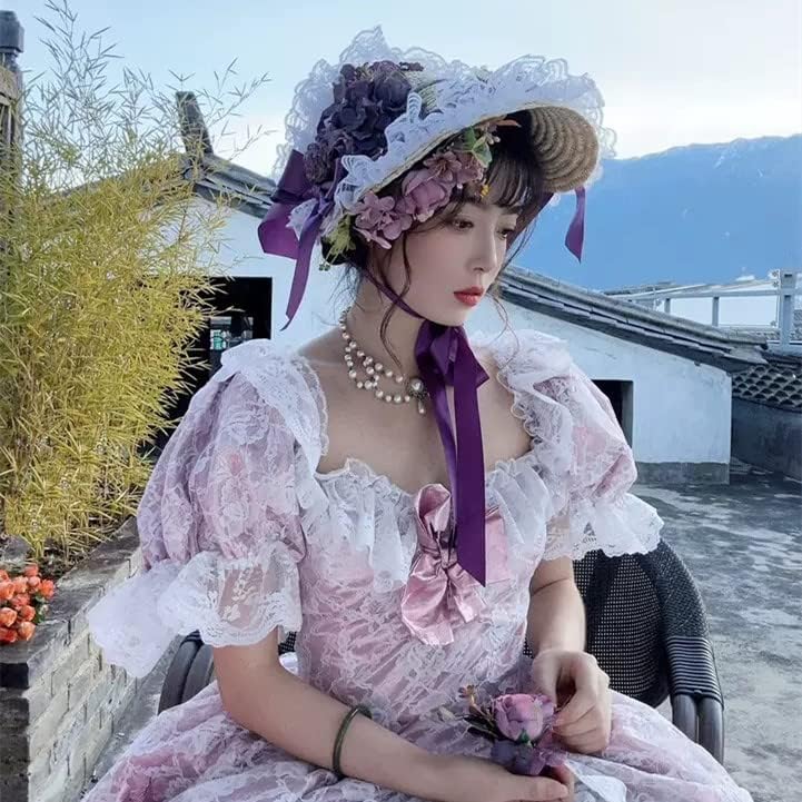 Girls Women Victorian Tea Party Sun Hat Bows Flowers Straw Hats (Q) - Image 3