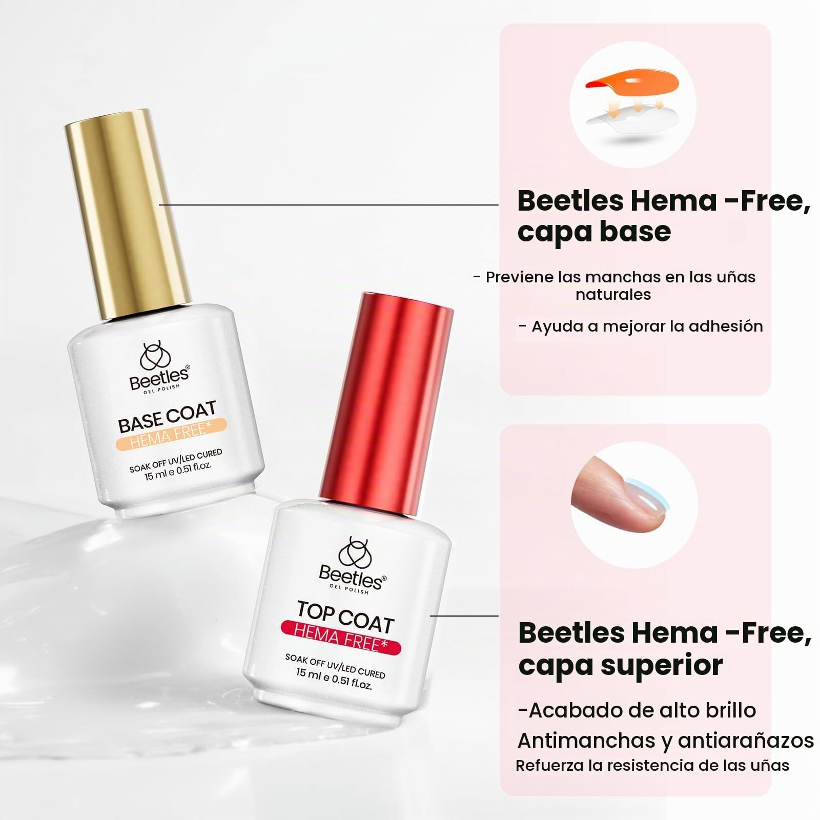 Beetles - Gel constructor sin HEMA con base y capa superior que no se limpia 3 unidades, 15 ml | Acabado brillante de uñas y fórmula de baja sensibilidad mejorada de larga duración para mujeres