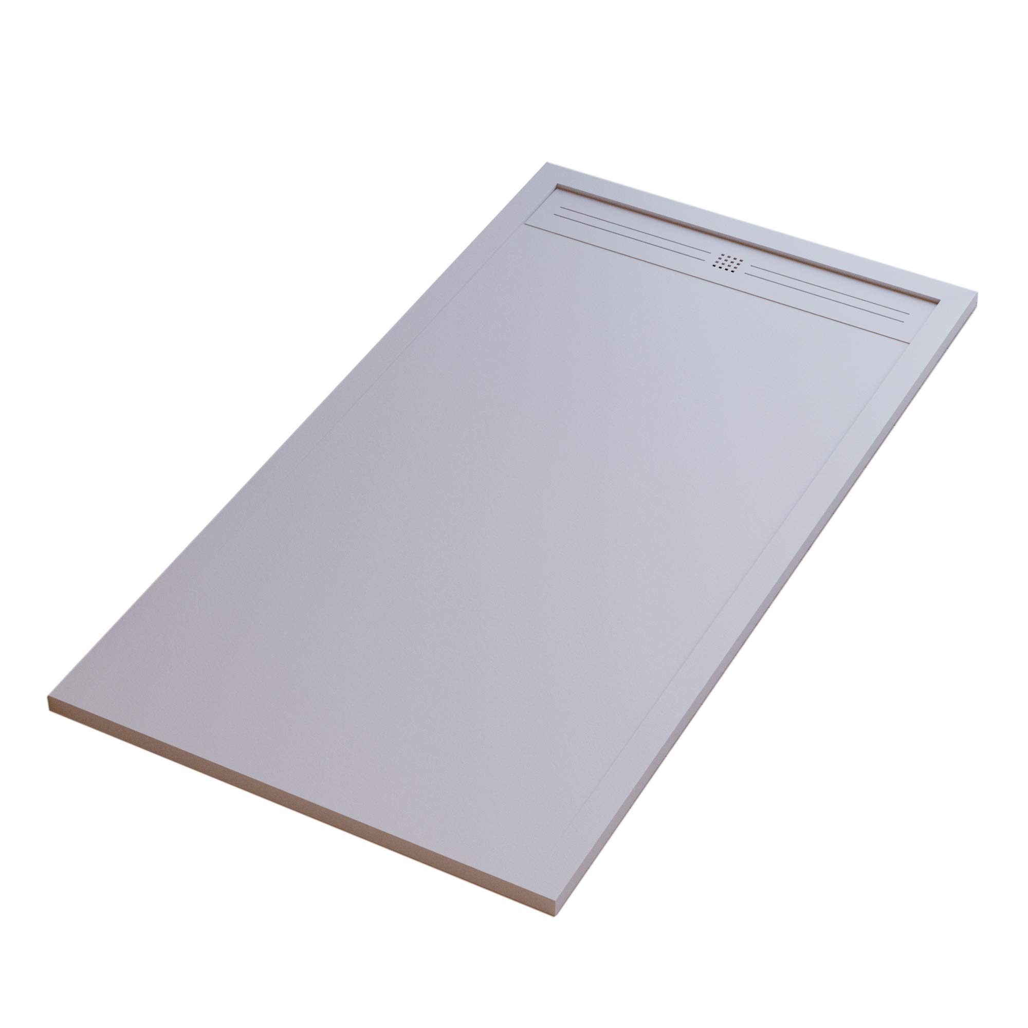 Piatto Doccia Mineralmarmo Effetto Pietra Ardesia - Modello Sun - Marmo Resina con Gelcoat - Griglia Laterale Acciaio Inox in Tinta - Colore Grigio Chiaro - 70x140