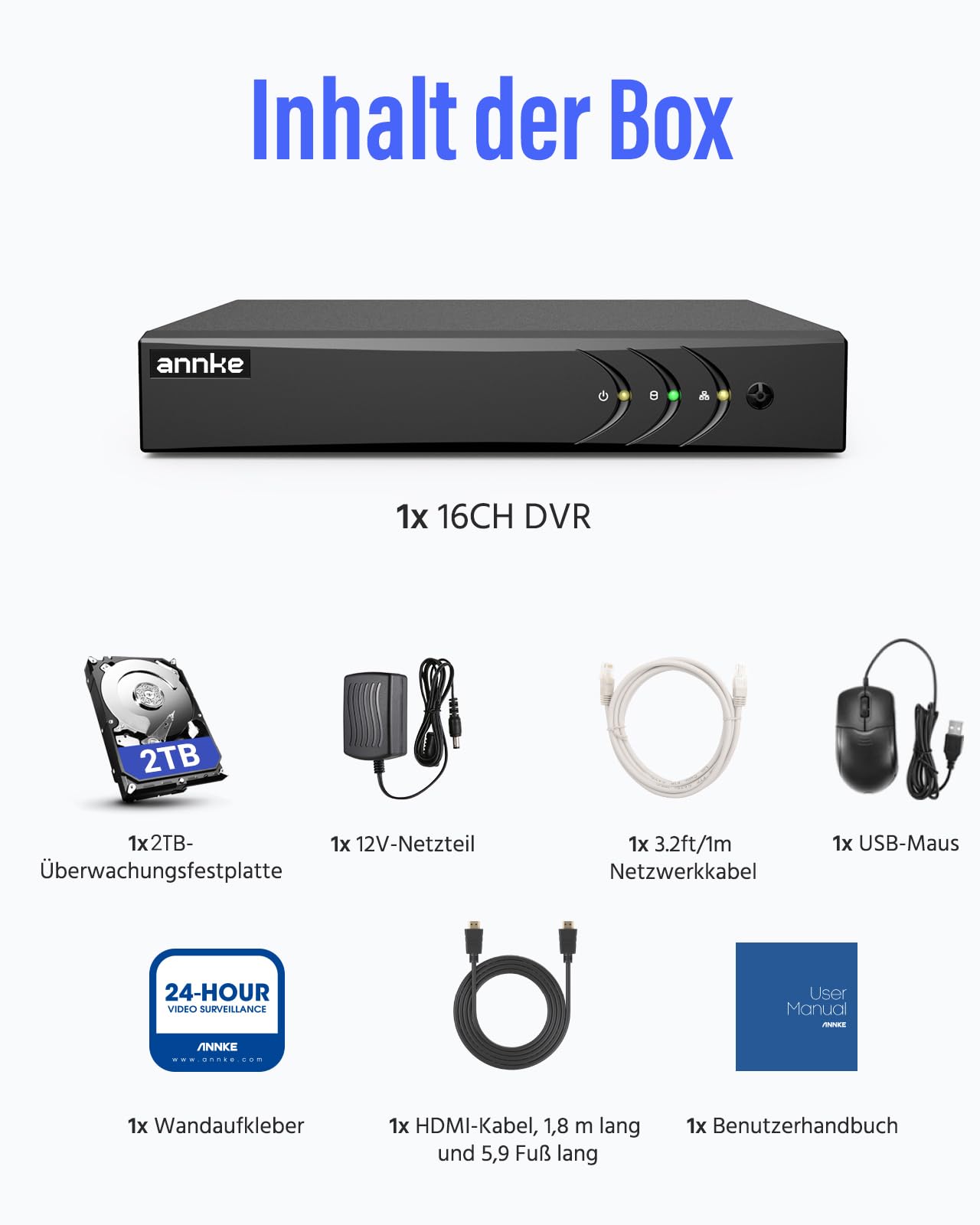 ANNKE DVR 16 Kanal 5MP CCTV 5 en 1 Digital Video Recorder H.265+ HDMI DVR mit 2TB Festplatte Echtzeit Überwachung Haussicherheitssystem Con KI-Personen-/Fahrzeugerkennung, 24/7 Aufzeichnung