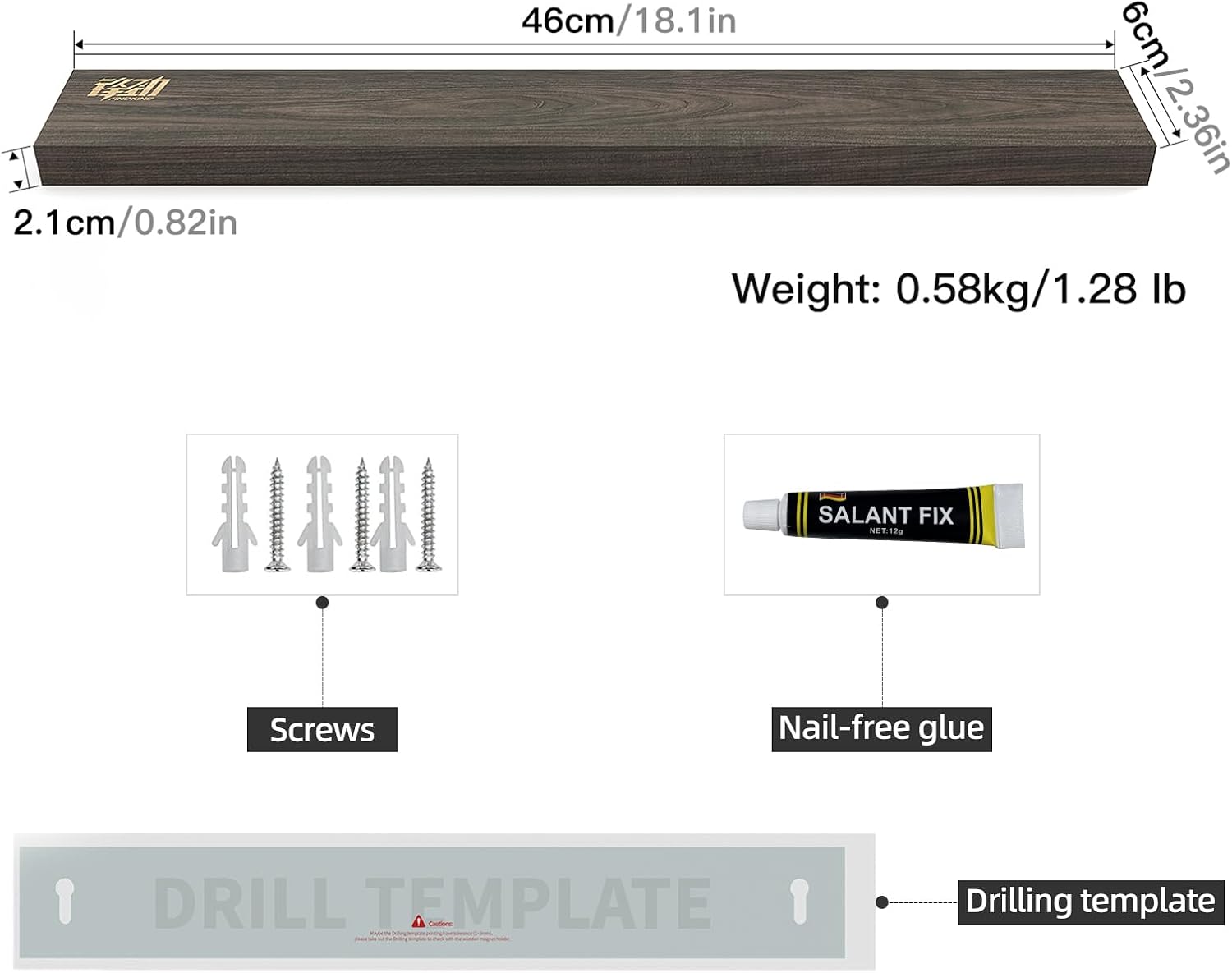 FINDKING Ash Wood Magnetic Knife Strip, Magnet Utensil Holder for Wall, Refrigerator, Wooden Rack for Kitchen Knives, No Drill (Deep Grey, 18 Inches, Without Knives)