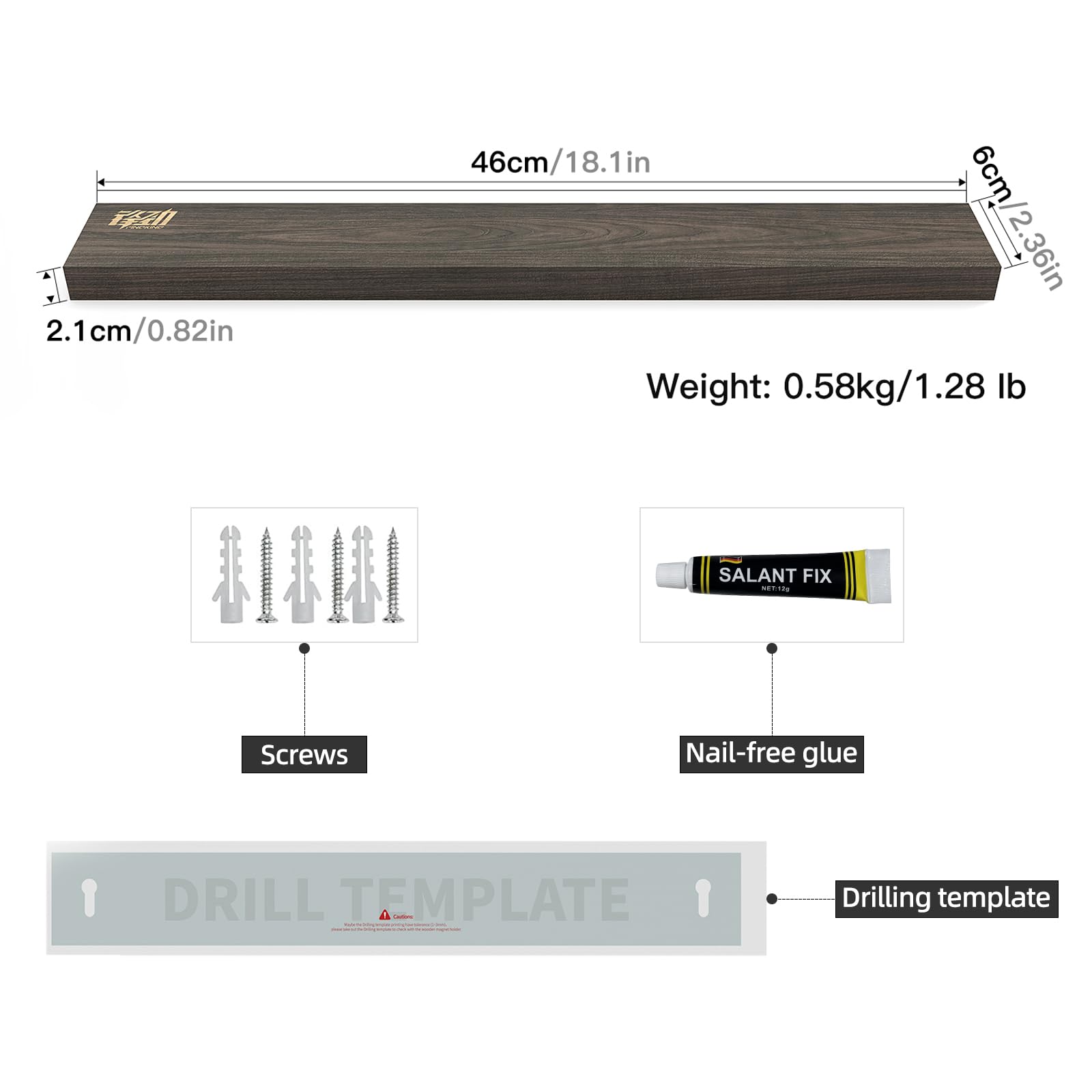 FINDKING Barre Magnétique en Bois de Frêne pour Couteaux, Support Magnétique pour Cuisine, Murale et Réfrigérateur, Installation sans Perçage (46CM, Marron Foncé, Sans Couteaux)