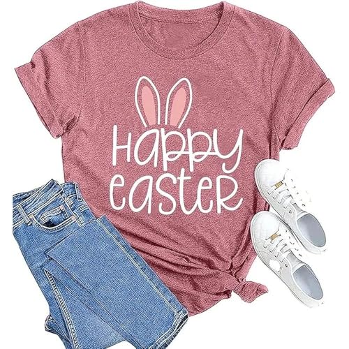 Auroly Easter Bunny Shirt for Women, Happy Easter T-Shirt with Cute Rabbit Print, Short Sleeve Round Neck Tee for, Comfortable and Lightweight (Pink S)