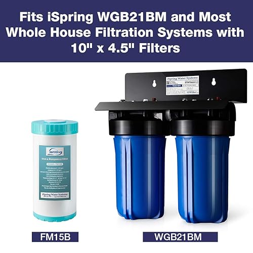 Miniatura 7 de iSpring WGB21BM Sistema de filtración de agua de 2 etapas para toda la casa, filtros reductores de manganeso de 10 x 4.5 pulgadas, puertos de 1