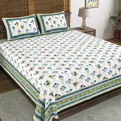 Image of BLOCKS OF INDIA Hand Block Printed 200 TC Cotton King Size Bedsheet (Blue Rose)
