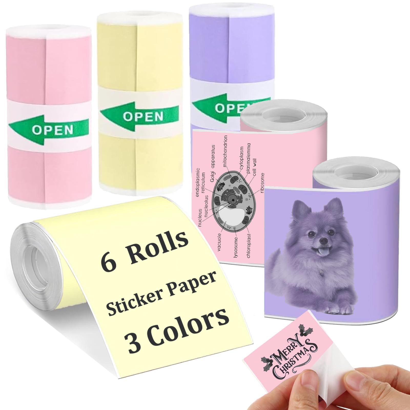6 Rolls Colored Printer Paper, Self-Adhesive Thermal Paper with Black Character on Yellow/Purple/Pink Color Paper for Printer, 57mm x 25mm Sticker Printer Paper, 3 Color Thermal Labels
