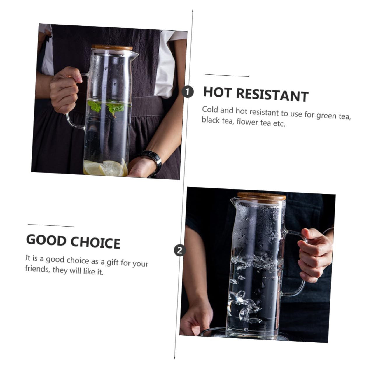 Jarra de Agua Fría de Vidrio de Borosilicato 1, 2 L Resistente al Calor | Gran Capacidad, Vidrio Grueso Antiexplosión, Tapa de Bambú, Apta para Bebidas Frías y Calientes
