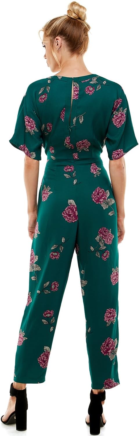 Women's Floral Jumpsuit, Short Sleeve, Green with Purple Roses, Belted Waist - Image 5
