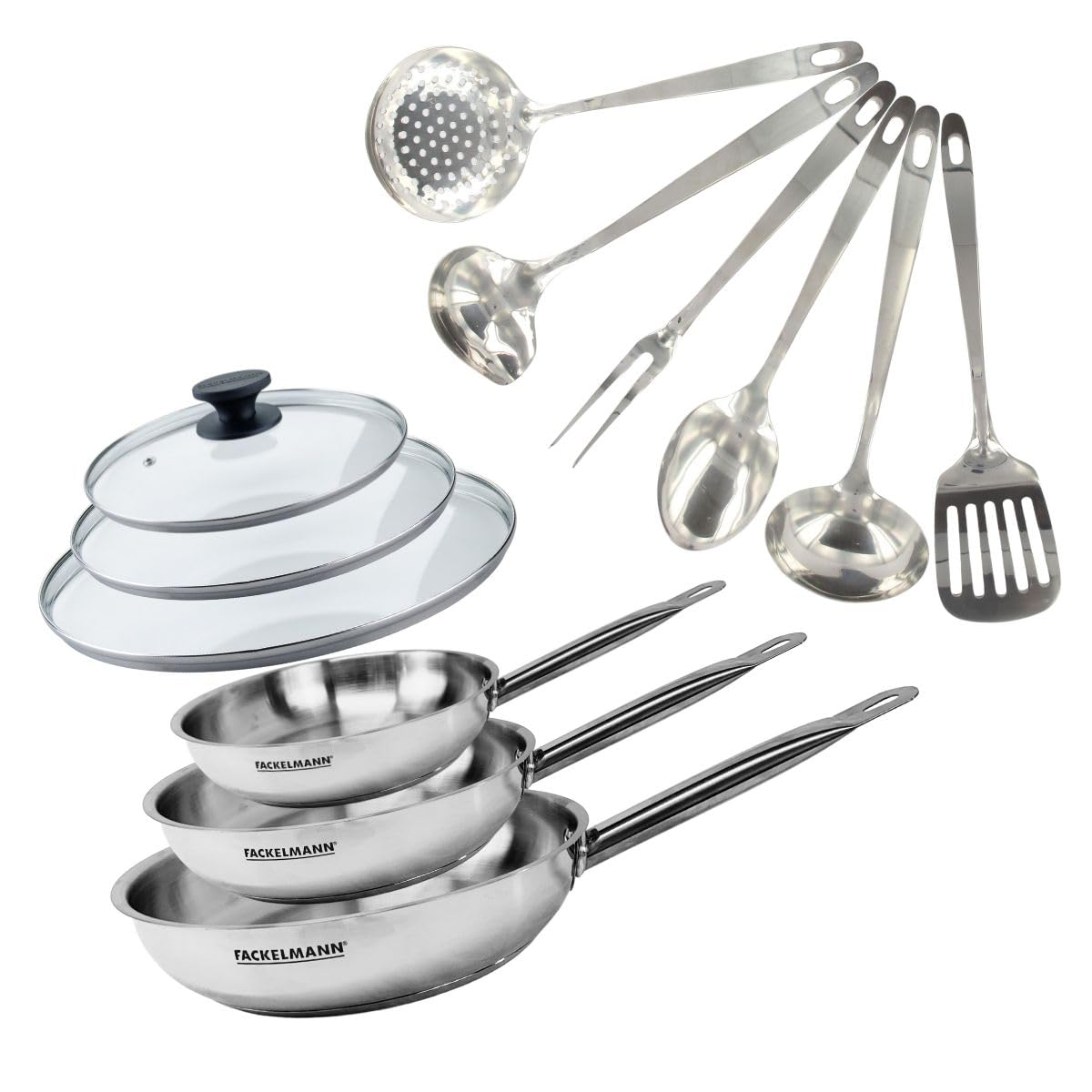 Fackelmann Set 3 poêles inox, couvercles et 6 ustensiles inox | 3 poêles 20 24 28 cm, Inox 18/8 et verre, 3 couvercles, Induction gaz vitro four, Lave vaisselle, Sans PFAS