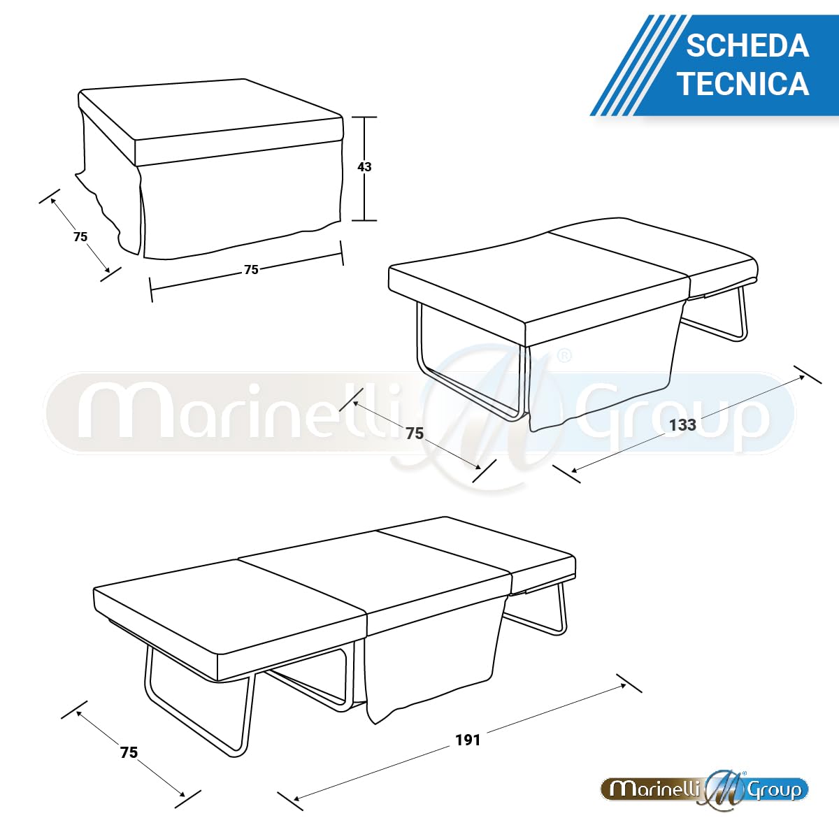 MarinelliGroup Pouf letto singolo con materasso 75X75X43 cm salvaspazio pieghevole camera cameretta soggiorno poggiapiedi tessuto Beny (Marrone)