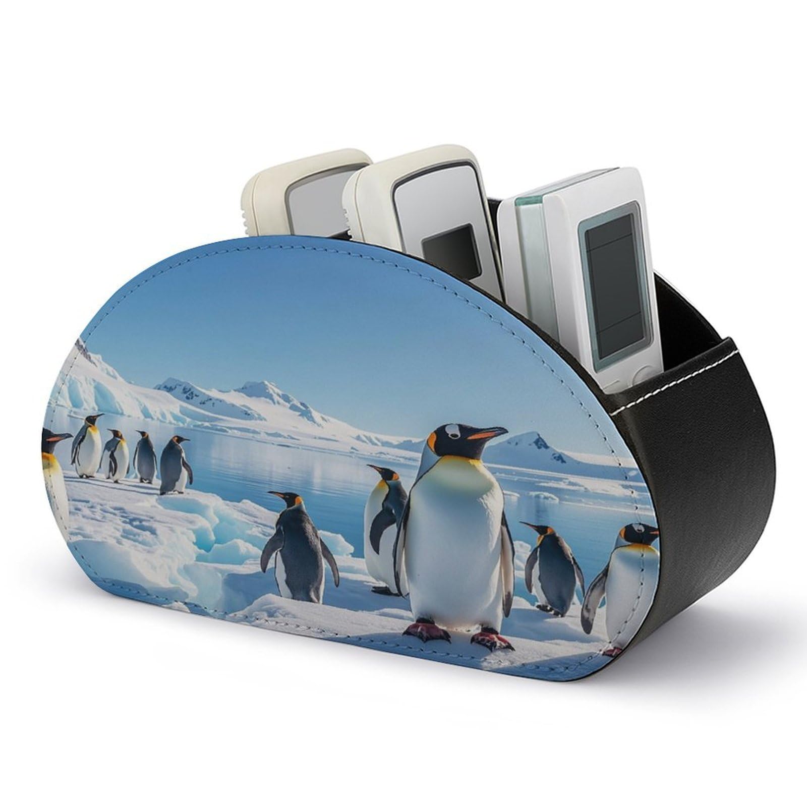 FekiLoot Leather TV Remote Control Holder with 5 Compartments Multifunctional TV Remote Holder Bedside Table Remote Caddy Storage Box Penguin Antarctica Ice Remote Organizer for Home Office