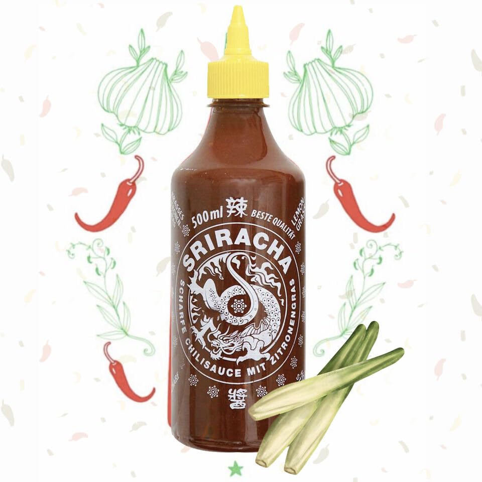 A-One Salsa original Sriracha con hierba de limón, 12 x 500 ml, salsa caliente con chiles y hierba de limón, paquete de 12 unidades, perfecto para gastro