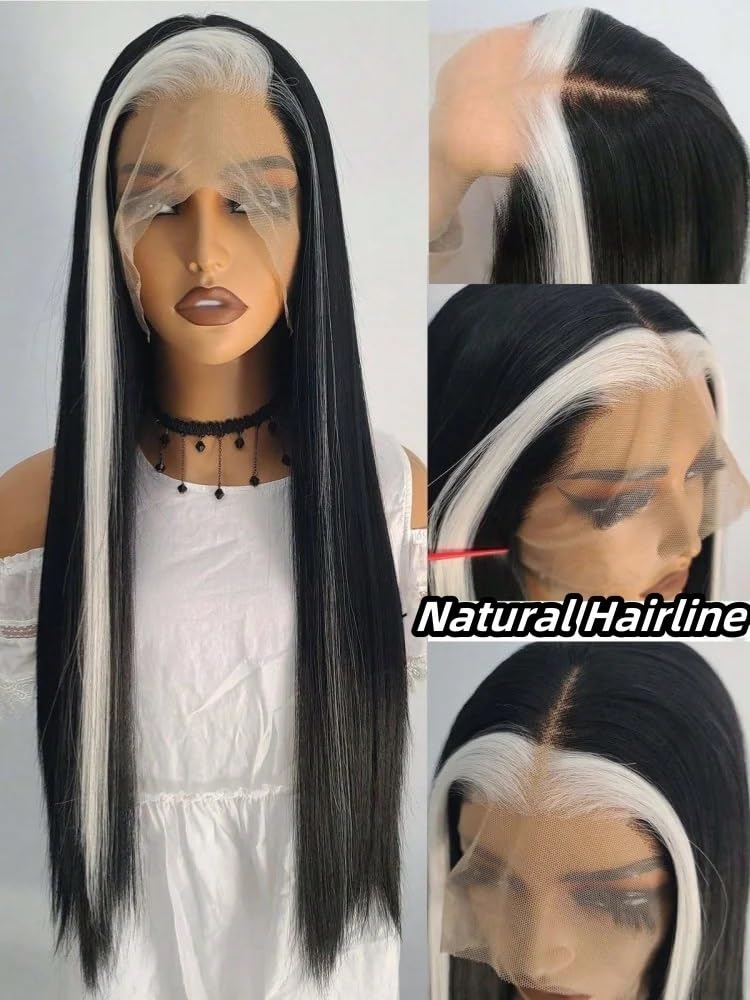 Parrucca frontale in pizzo 13×4 con meches in bianco e nero, parrucche sintetiche resistenti al calore, densità 150, senza colla, for uso quotidiano da donna(24 inch)