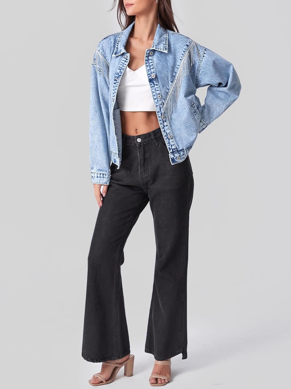 SCOFEEL Women's Fringed Denim Jacket Oversized Tassel Sparkly Jean Jackets 2026 Western Country Concert Outfits - Image 5