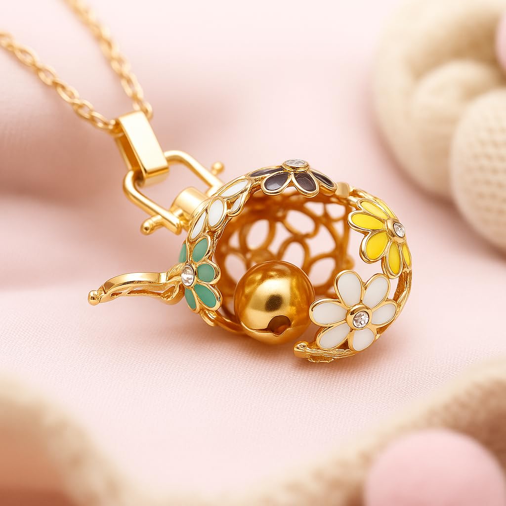 Bola de Grossesse en Acier Inoxydable Doré avec Pierre Naturelle Quartz Fraise | Bijou de maternité musical et personnalisable | Chaîne 105 cm | Boule interchangeable 16 mm
