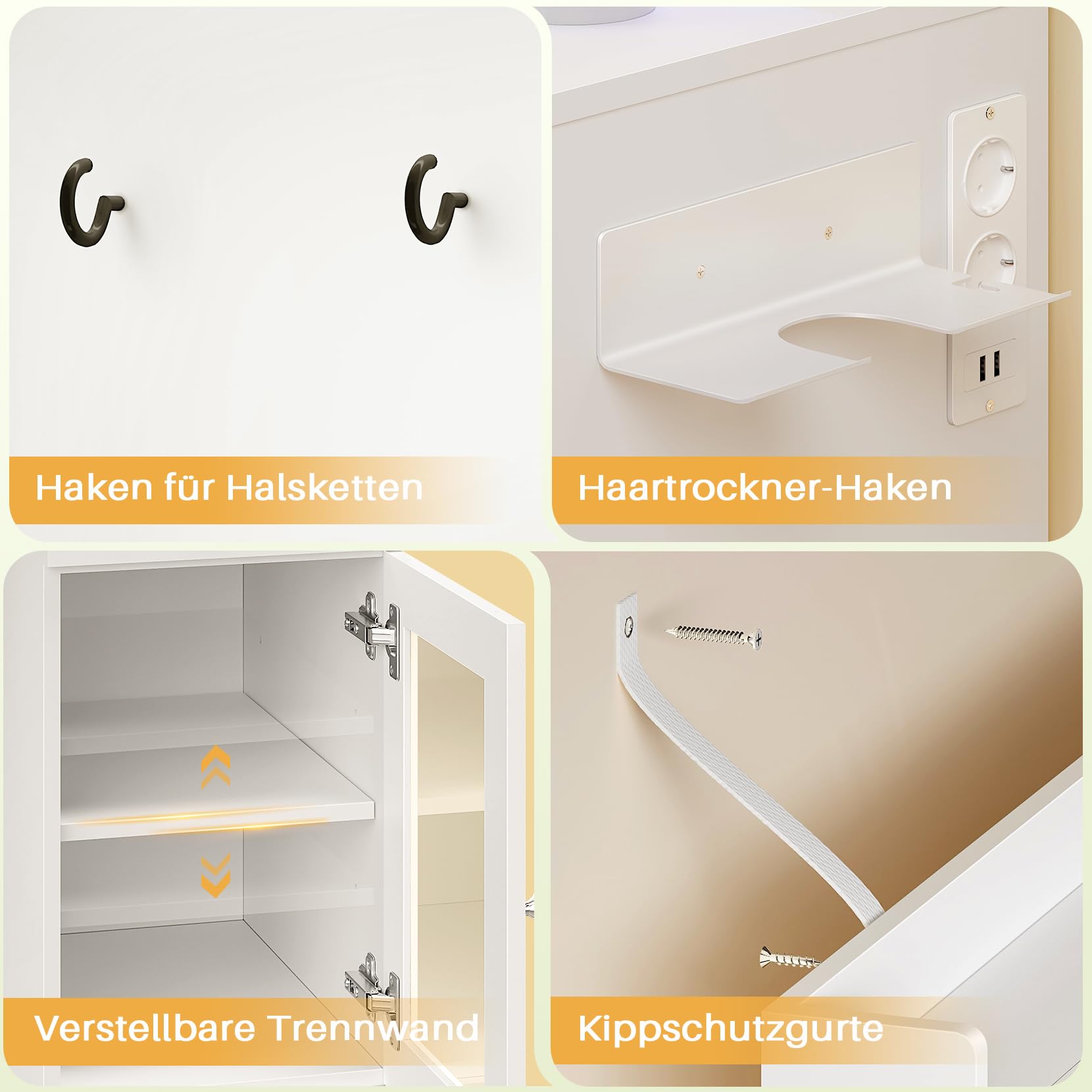 Dripex Schminktisch mit Spiegel und Beleuchtung | Steckdose und Föhnhalter, Luxuriöse transparente Vitrine mit RGB, Hollywood Spiegel, Vanity Desk