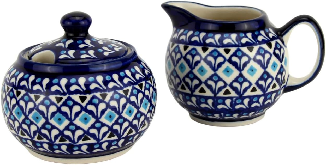 Polish Pottery Market Sugar Bowl with Lid and Creamer Set - 10 Oz. Sugar Bowl & 9 Oz. Cream Pitcher -Hand-painted Stoneware by Zaklady Boleslawiec Poland