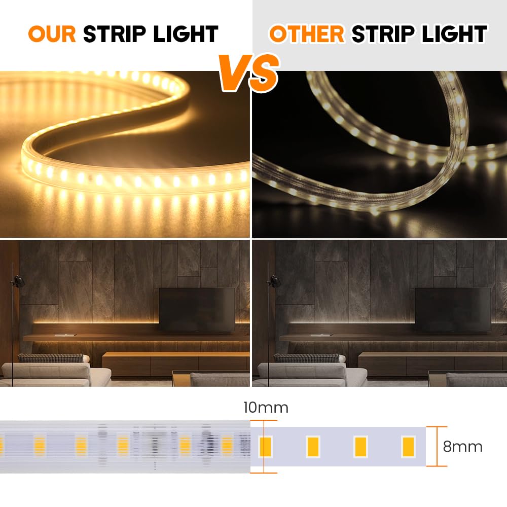 KISUFU Striscia LED, LED Flessibile 220V Striscia LED ad alta luminosità con cavo di alimentazione, impermeabile IP65 Nastri LED per Esterni, Feste, Decorazione per Feste, (Bianco naturale, 25M)