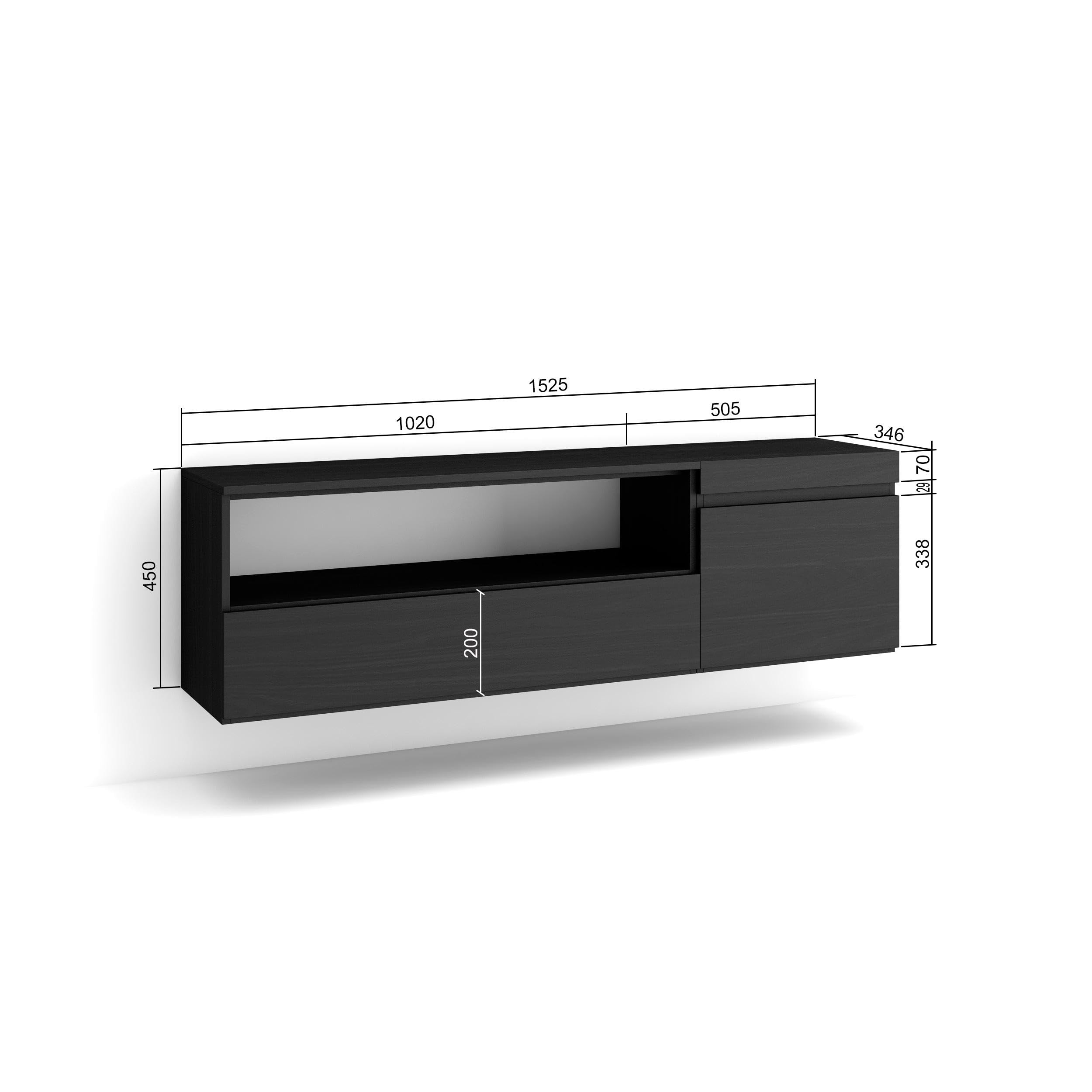 Skraut Home | Mobile TV Soggiorno | Ampio spazio a disposizione | 150x45x35cm | Per TV fino a 65" | Sospeso, da appendere | Stile moderno | Nero