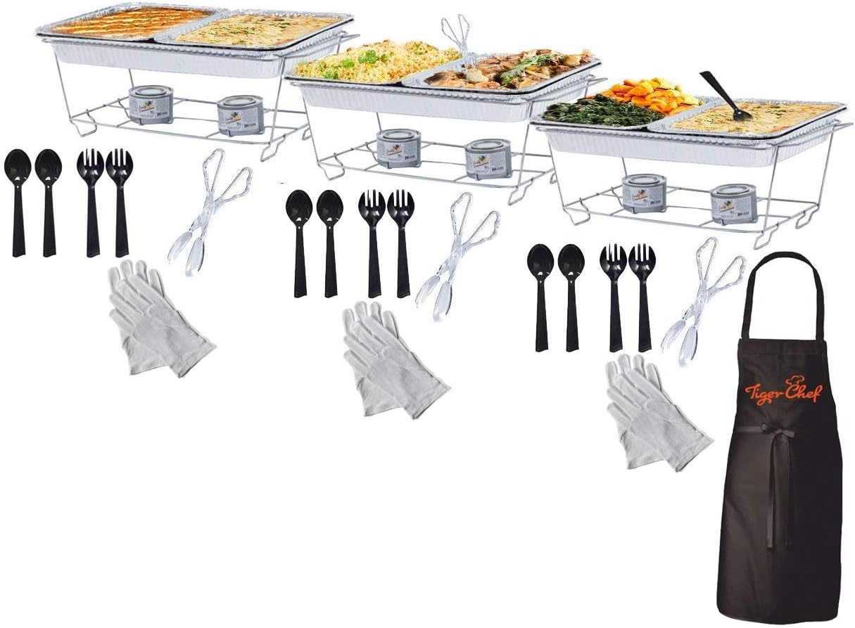 Tiger Chef Chafing Dish Buffet Set Disposable - Full Size Disposable Wire Chafer Stand Kit - Chafing Stands, Fuel Gel Cans, Aluminum Pans, Serving Tong & Utensils (40 Piece)