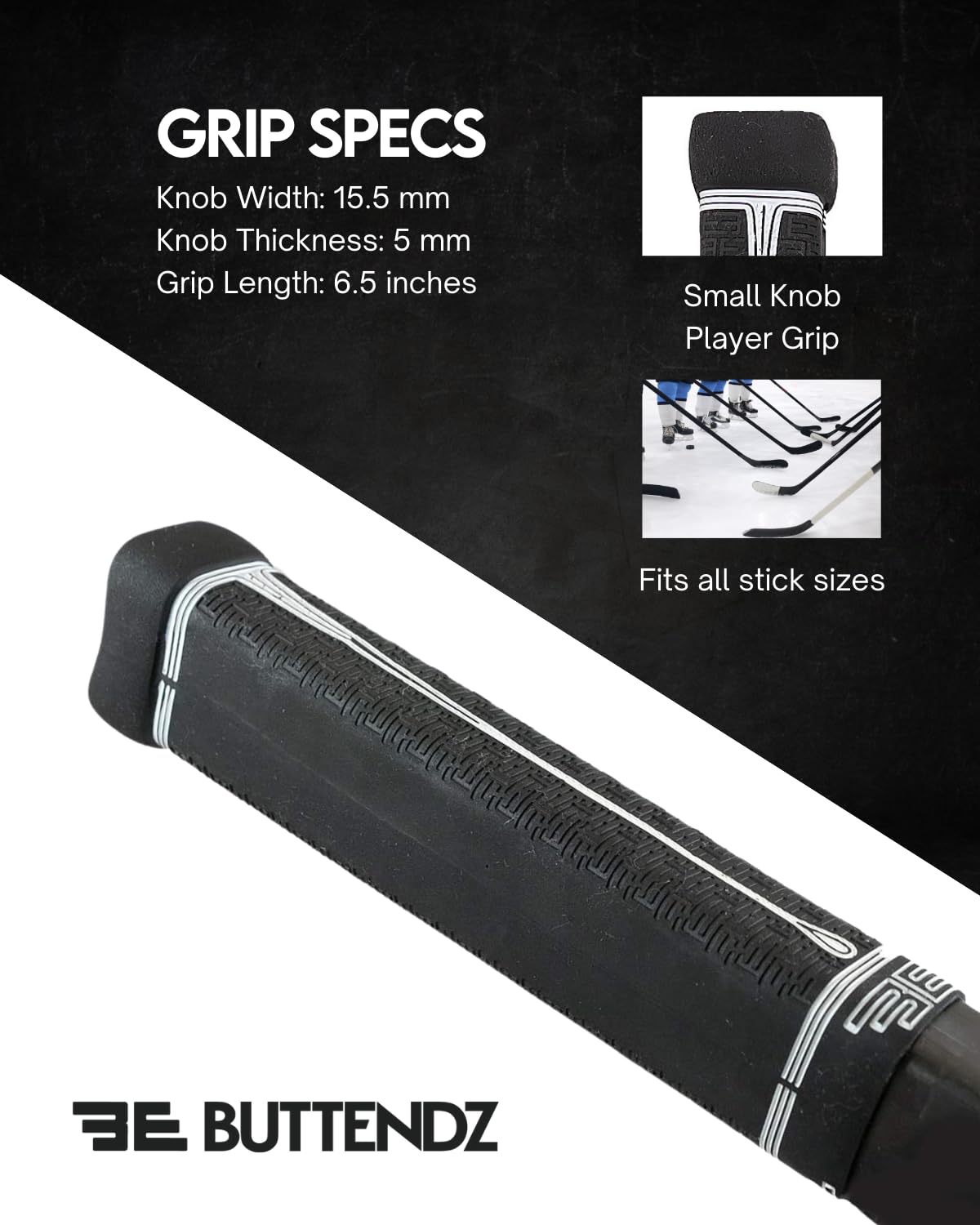 Buttendz Fusion Z Hockey Stick Replacement Grip - Reusable Design, Small Knob Player Grip for Top Hand Mobility, Fits All Stick Sizes (Black, White Drip)