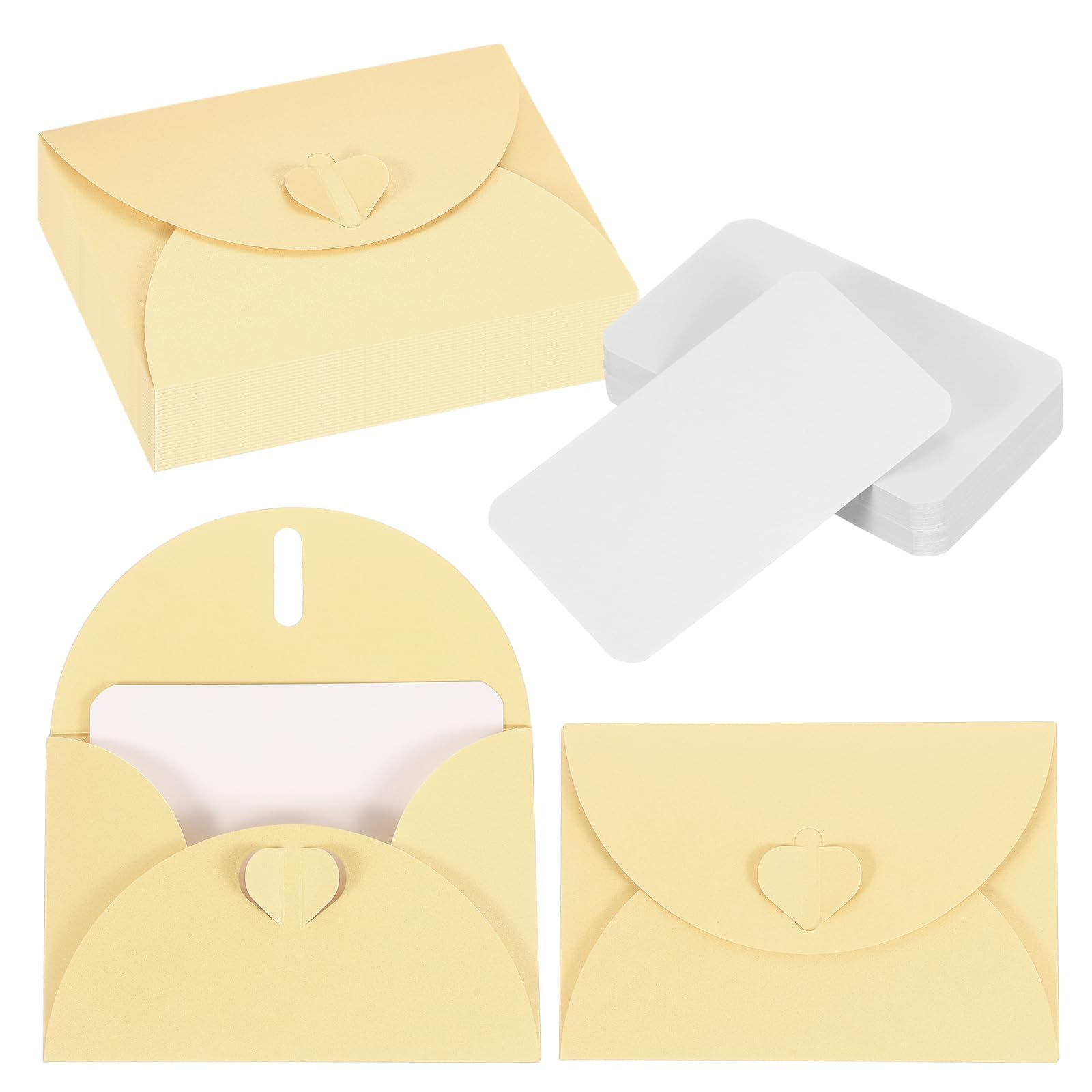 PATIKIL 50 Set Mini Buste Con Chiusura A Cuore 4.1x3" Biglietti Bianchi Con Buste Giallo Uovo