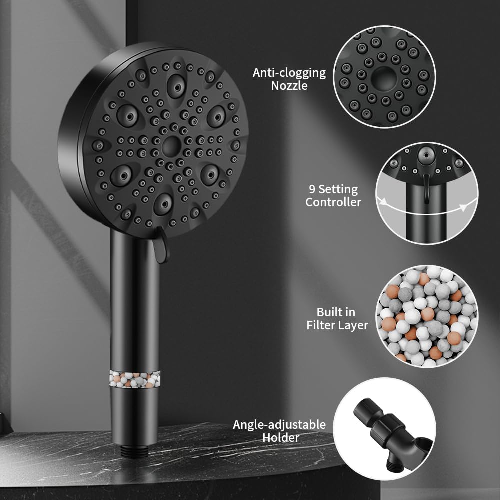 SELLO Filtered Shower Head with Handheld, High Pressure Nine Modes Handheld Shower Head, 5'' Detachable Showerhead Set with 59 Inch Stainless Steel Hose and Adjustable Showerhead Holder (Matte Black)