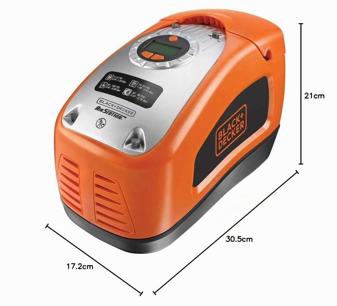 BLACK+DECKER Druckluft Kompressor Flüsterkompressor Akku (11 bar / 160PSI, Luftpumpe, digitale Druckeinstellung, Kabelfächer, beleuchtete Skala, inklusive 3 Ventil-Aufsätzen, Einstellring Bar-Zahl)